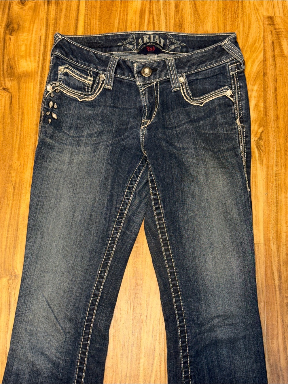 Ariat Women 28L long tall blue jeans Ruby bootcut flare low rise rhinestones - Picture 2 of 9